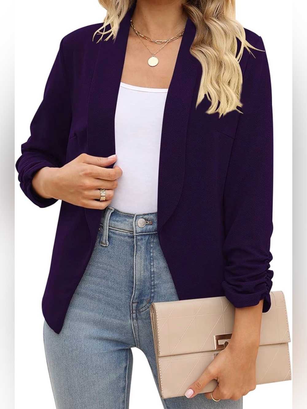 Women’s 3/4 Sleeve Blazer Open Front Cardigan Jacket Work Office Blazer